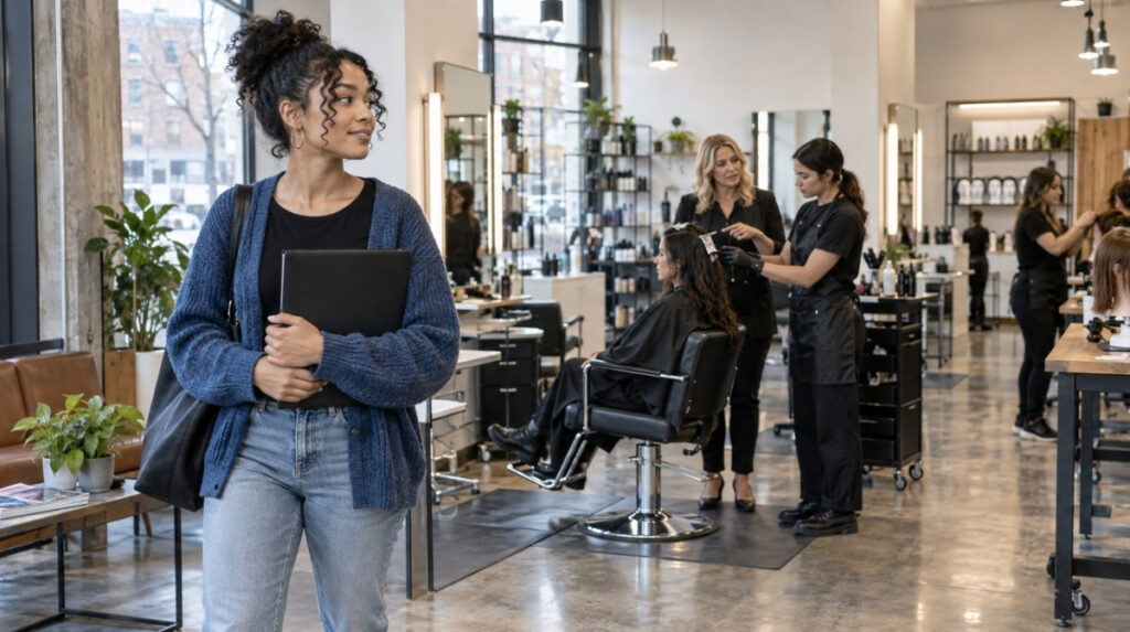 Aspiring cosmetologist holding a portfolio while observing supervised client services and structured mannequin practice in an urban training salon.