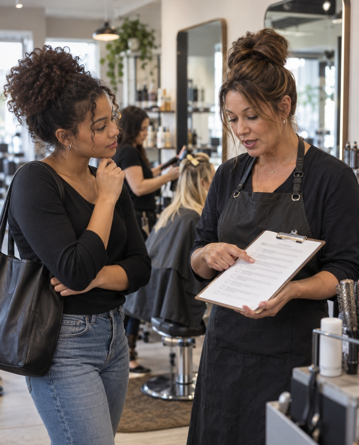 Prospective cosmetology student discussing an apprenticeship checklist with a licensed salon owner beside an occupied styling station.