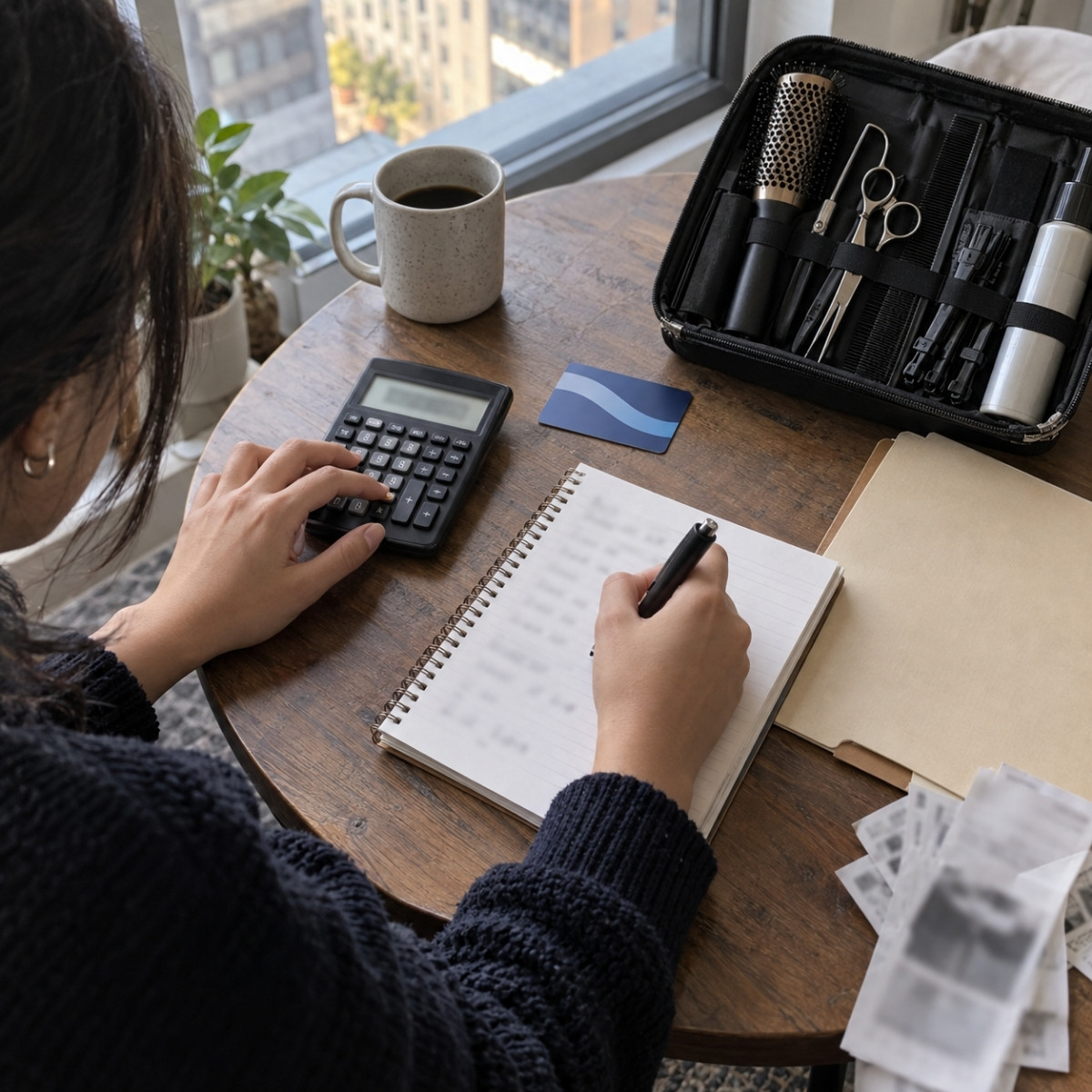 Aspiring cosmetologist using a calculator to estimate commuting, registration, tool, and training expenses at a small apartment table.